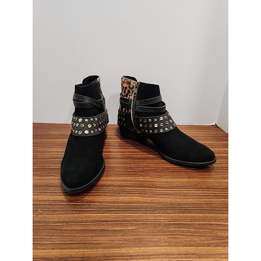 Naughty Monkey Black Crimson Ankle Booties Stud Womens 6 Leather Cheetah Leopard